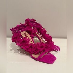 Gianni Bini Women's Franz Suede Chiffon Pink Ruffle Heel Sandals